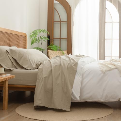 BESTOUCH 100% Washed Cotton Linen Feel Sheet Set, Almond Milk Grey