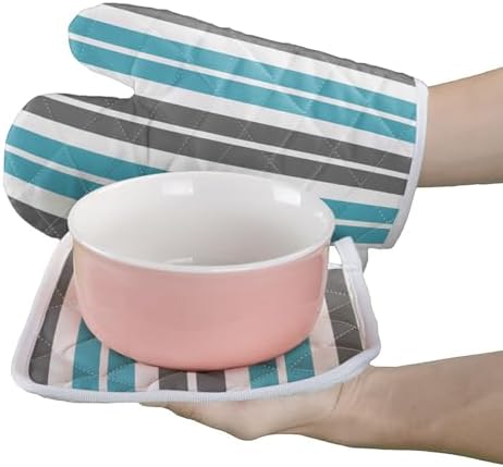 Quilted Cotton Terry Cloth Oven Mitt, Pot Holder Gray Blue Stripes