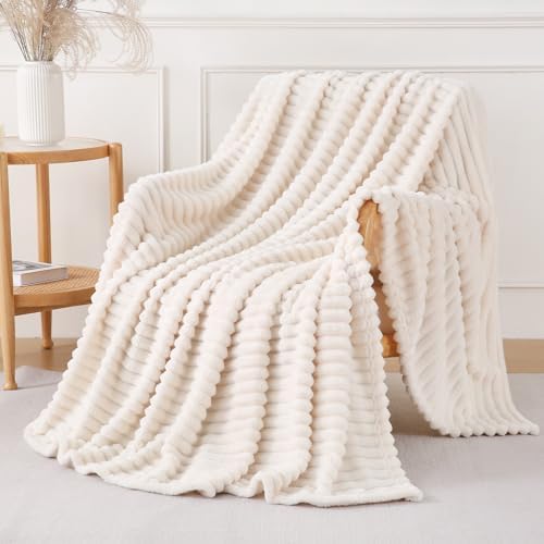 Cream White Throw Blanket for Couch Sofa 50x70 inches Striped Design