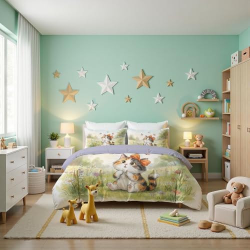 Sage Green Cute Cat Garden Duvet Cover Set For Women Girls 3 Pcs Cute