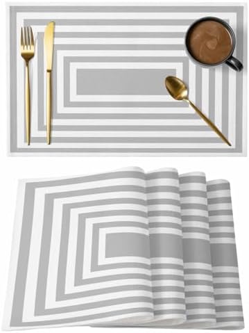 Grey Concentric Squares Placemats Set of 8, Modern Abstract Minimalist