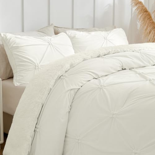 BEDELITE Fluffy Sherpa King Comforter Set,Pintuck-Cream