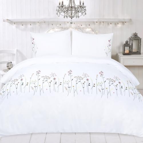 YINFUNG Cotton Duvet Cover Set White Queen Floral Embroidered Flower