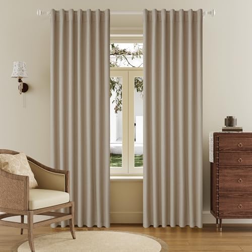 DUALIFE 100% Blackout Linen Taupe Curtains 84 Inch for Living Room