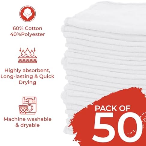 RIVERSIDE Pack of 50 Shop Towels 12x14 Inches, Reusable Cleaning Rags
