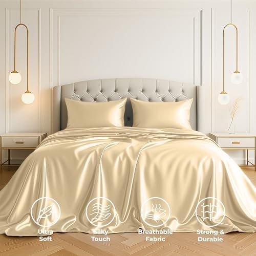 Satin Sheets Full [4-Piece, Ivory] Hotel Luxury Silky Bed Sheets