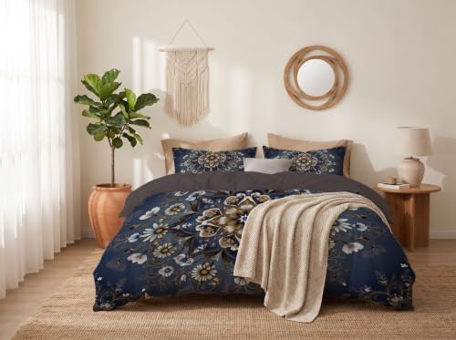 Charcoal Gray Traditional Flower Datura King Duvet Cover Set