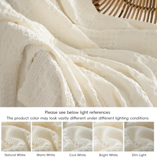 PHF Lightweight 100% Cotton Waffle Blanket for Bed, Queen, Ivory