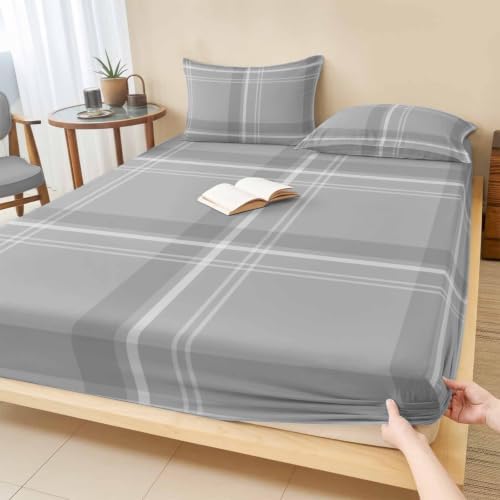 Twin XL Fitted Sheet Deep Pocket, Minimalist Gray Plaid Soft