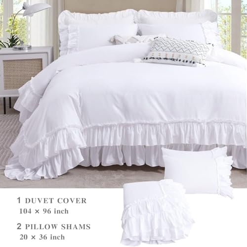 QSH Ruffle White Duvet Cover California King Size- Washed Cotton