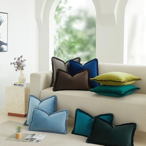 JUSPURBET Olive Green Decorative Velvet Fringe Throw Pillow Covers
