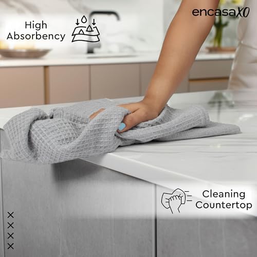 Encasa XO Cotton Waffle Kitchen Dish Towels Set of 4, Grey