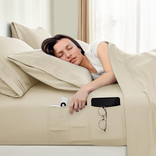 BYSURE 6 Pieces Bed Sheets Set with Pockets on Side(Full, Cream)