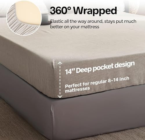 Simple&Opulence 100% Linen Fitted Sheet Cal King, 14 Inch Deep Pocket