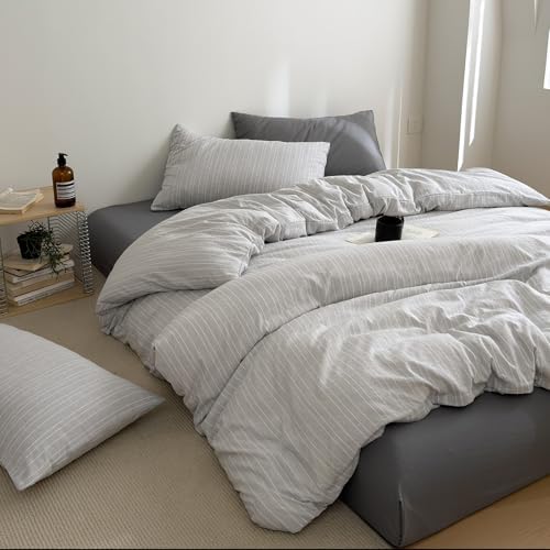 3Pcs Vintage Gray Striped Duvet Cover Set King Size Retro Textured