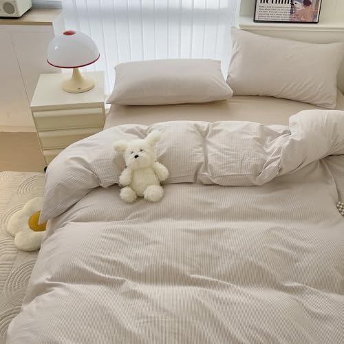 mixinni Tan Striped Duvet Cover Full Size - 100% Washed Cotton Beige