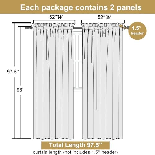Lecloud Leia Ivory Sheer Curtains 96 Inches Long 2 Panels, Airy Voile