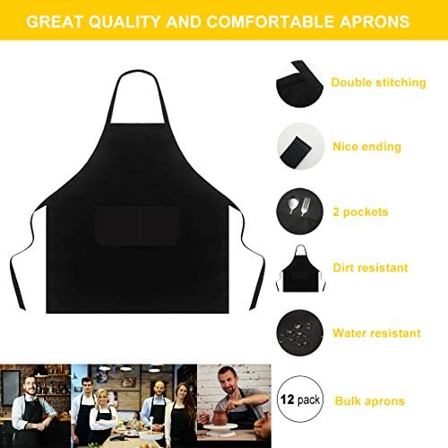 Bib Black Apron for Women Men Adult Chef, 12 Pack Kitchen Aprons Bulk