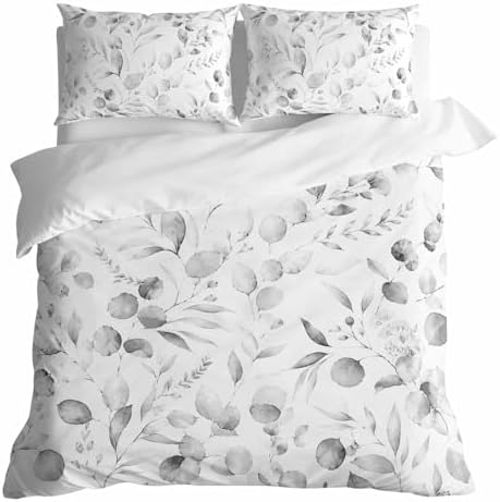 3 Pieces Duvet Cover Gradient Gray Eucalyptus Leaf Luxury Soft