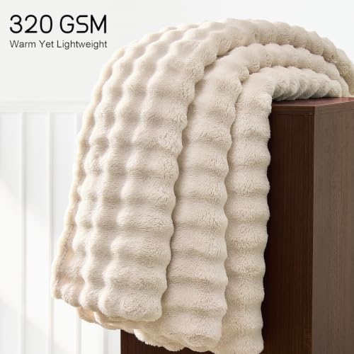 Lotus Karen 3D Bubble Fleece Blanket - Ultra Soft Fluffy Beige Throw