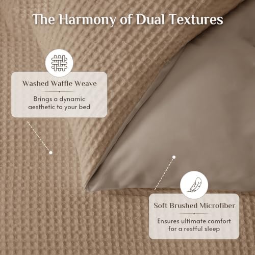 JOLLYVOGUE Waffle Wave Duvet Cover Set Queen Size, 3-Piece, Mocha