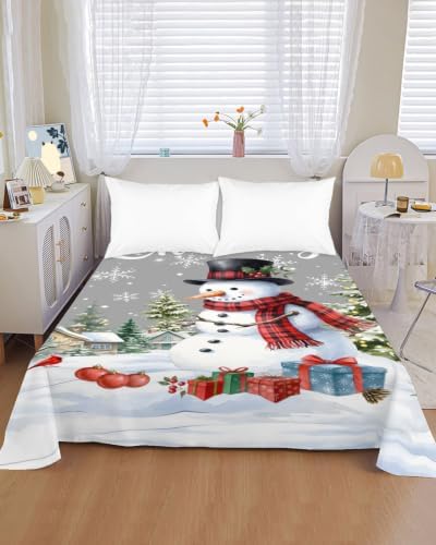 Cal King Size Flat Sheet Only, Winter Snowman Snowflake on Gray Bed