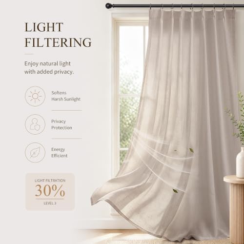 Hokibero Oatmeal Pinch Pleated Linen Curtains 84 Inch Long for Living