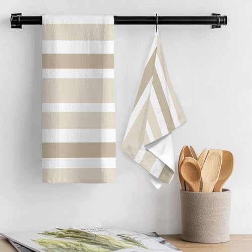 Beige Brown Kitchen Towels Set of 3, 18x26 Inch, White Stripe Soft