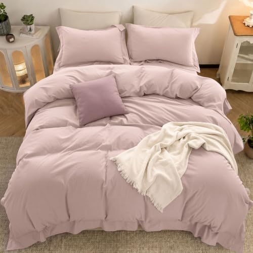 Duvet Cover Set Washed Cotton Embroidered Hem Queen 3‐Pcs