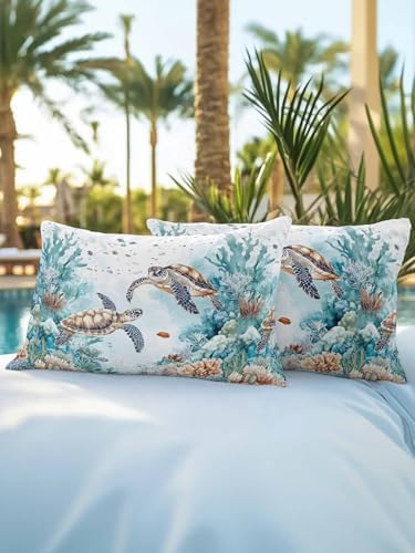 12x20 Outdoor Pillows Set of 2, Teal Coastal Turtle Waterproof Throw