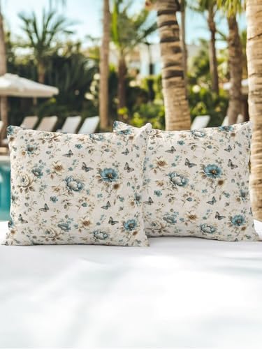 Vintage Tulip Throw Pillows 18x18 Set of 2, Teal Flowers Butterfly