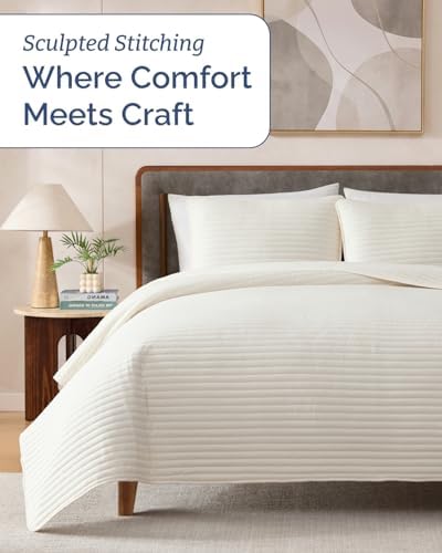 Quilt Set King Size - Boho Bed Set, Striped Stitch - Cream, 106" x 96"