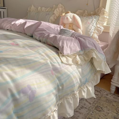 Pastel Butterfly Duvet Cover King Cream Cotton Ruffle Bedding Set