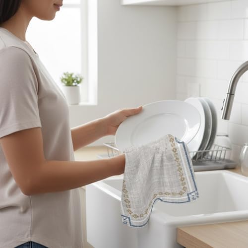 Ivory White Farmhouse Kitchen Towel Linen Texture Geometric Lines