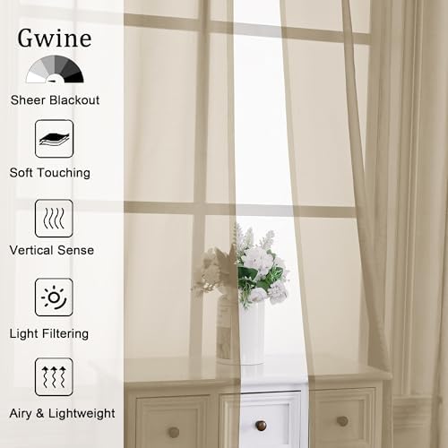 Gwine Taupe Sheer Curtains 84 Inches Long 2 Panels for Living Room