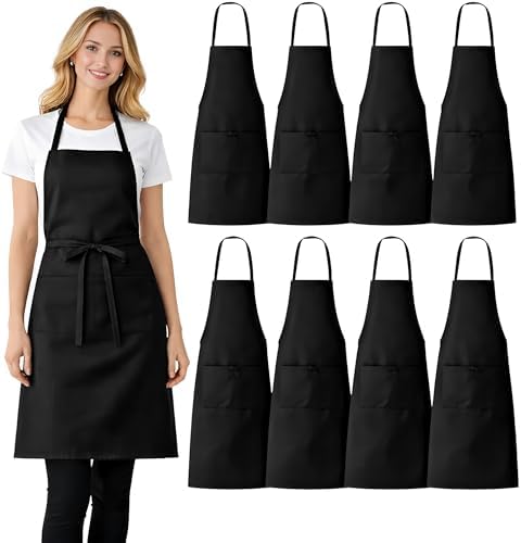 8 Pack Aprons Bulk with Pockets, Unisex Apron with Extra Long Ties for