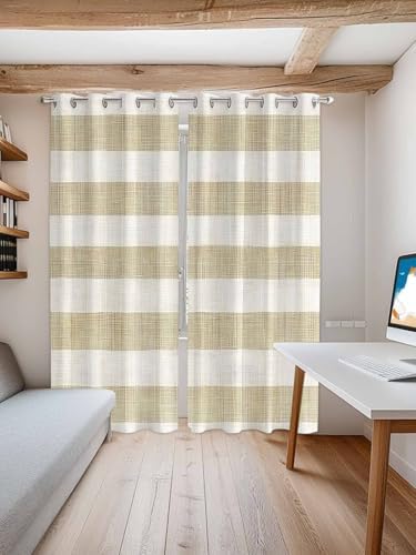 Brown Striped Window Curtains 96 Inch Length, Vintage Linen Pattern