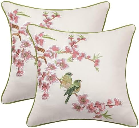 Holibeat Embroidered Flower Birds Throw Pillow Covers Spring