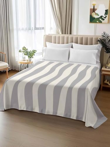 King Size Flat Sheet Only, Gray Beige Wavy Stripe Bed Top Sheet Soft