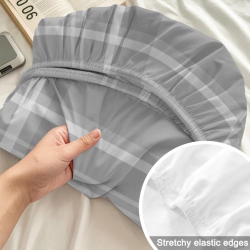 Twin XL Fitted Sheet Deep Pocket, Minimalist Gray Plaid Soft
