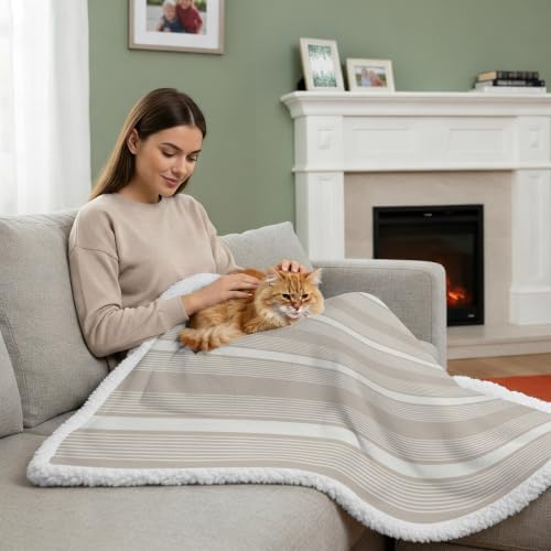Fleece Sherpa Bed Blankets, Gray Brown Striped Microfiber Plush