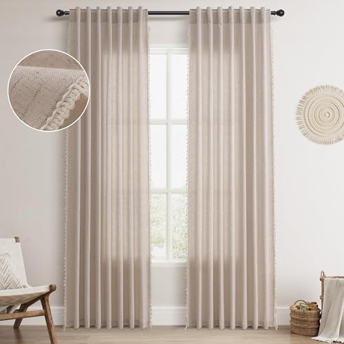 Oatmeal Beige Boho Curtains 84 Inches Long for Bedroom 2 Panels Chic