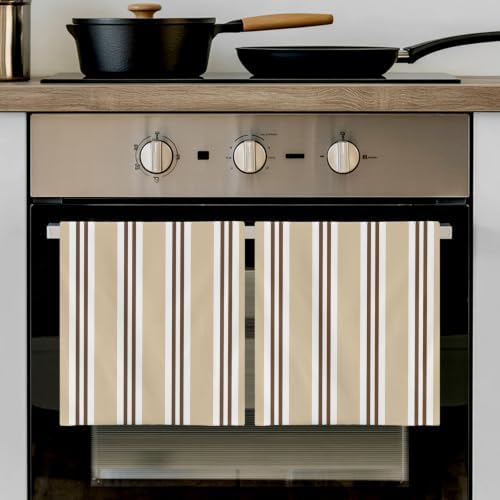 Beige Striped Kitchen Towels Set of 3, Absorbent Dish Towels for
