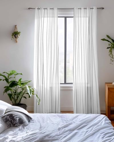 Gray Striped Sheer Curtains 63 Inch Length Grommet Semi Sheer Drapes
