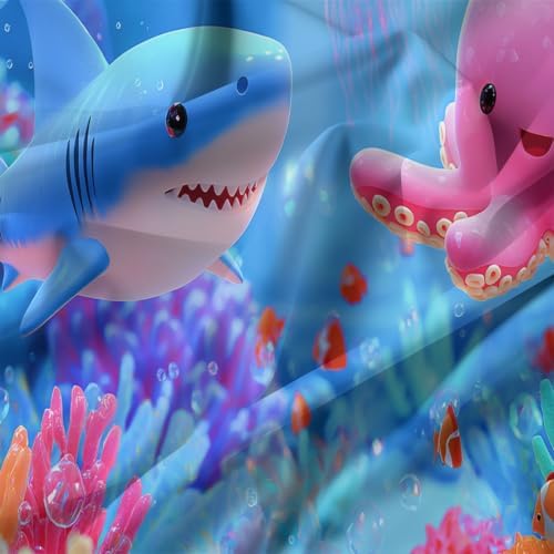 King Duvet Cover Set Soft Microfiber Aquarium Cartoon Blue