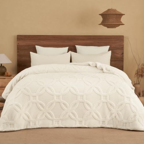 PHF Soft Sherpa Fleece Blanket King, Tufted Jacquard, 01-Cream