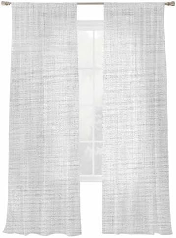 Vintage White Sheer Curtains 108 Inch Long, Linen Texture Farmhouse