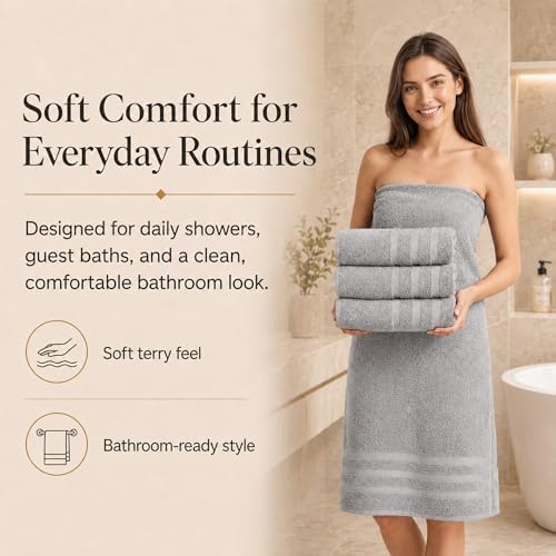 Velqora Large 100% Cotton Bath Towels 4 Pack, 30x60 in, Light Gray