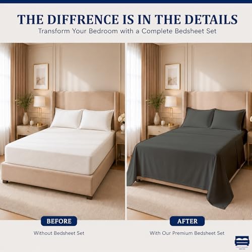 Cottingon 4 Piece King Sheets Fits 16" Deep, Egyptian Cotton, Dark