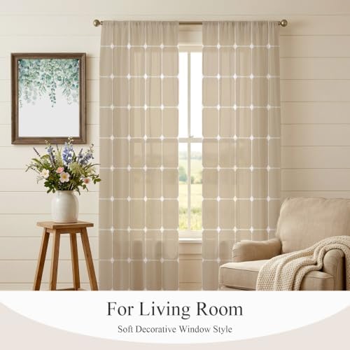 T&H XHome Minimalist Sheer Curtains 108 Inch Long 2 Panels Grid Lines